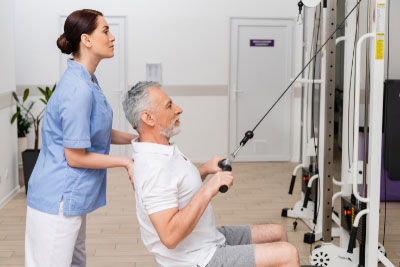 Orthopedic exercises with doctor helping patient